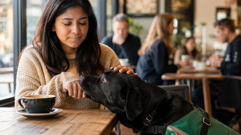 A black Labrador assistance dog nudging its handler's hand during a moment of anxiety in a busy UK café, demonstrating a trained grounding task