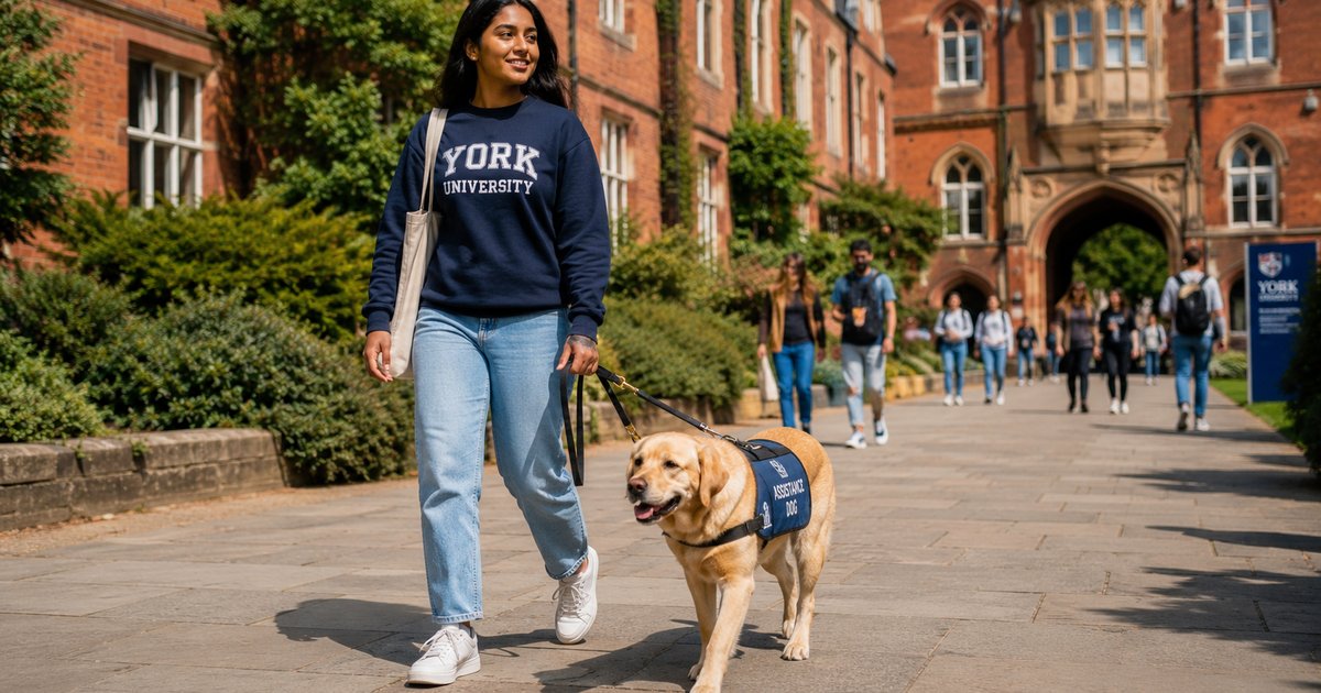 A student with her assistance dog walking on a UK university campus
