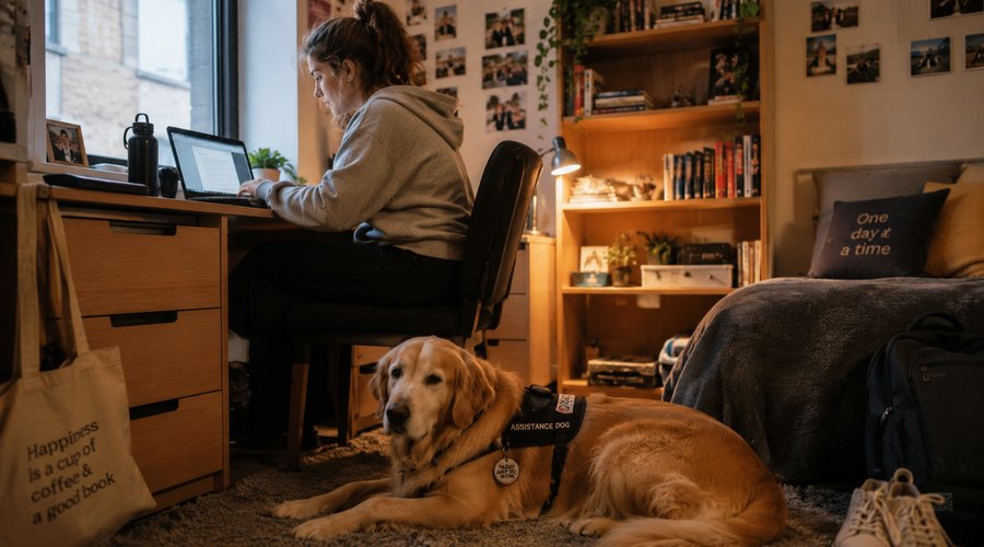 A student studying at her desk in university halls while her golden retriever assistance dog lies resting beside her