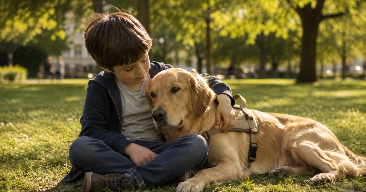 A young boy sits cross-legged on grass in a sunlit park, resting his head against a golden Labrador assistance dog in a harness