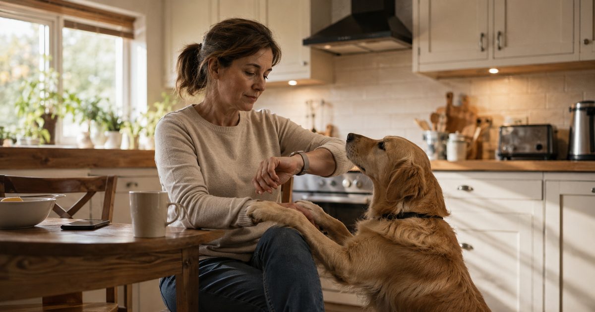 A golden retriever places its front paws on a woman's knee at a wooden kitchen table, performing a trained diabetic alert behaviour