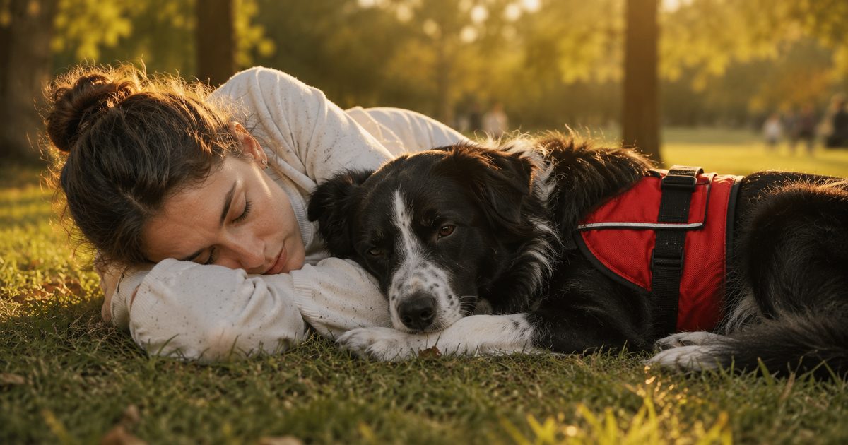 A woman lies on grass in a park resting her head on a Border Collie wearing a red assistance dog vest in golden afternoon light