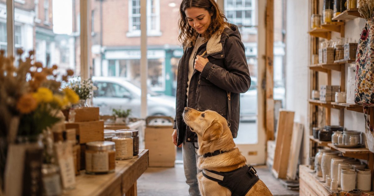 A Labrador retriever in a black harness stands attentively beside its handler inside a UK shop
