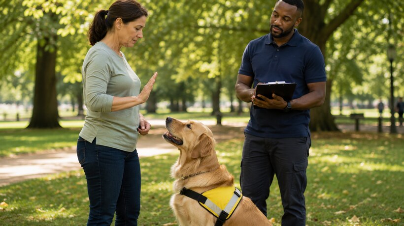 A handler training her golden retriever assistance dog in a park with a professional behaviourist, the dog focused and responding to a task cue