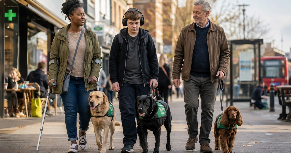 A woman with a mobility condition walks confidently through a busy UK high street with her golden retriever assistance dog wearing a high-visibility vest