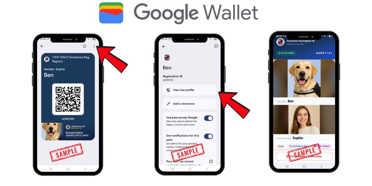 ADR Live ID assistance dog pass shown in Google Wallet: wallet pass with QR code, pass settings, and the linked live profile