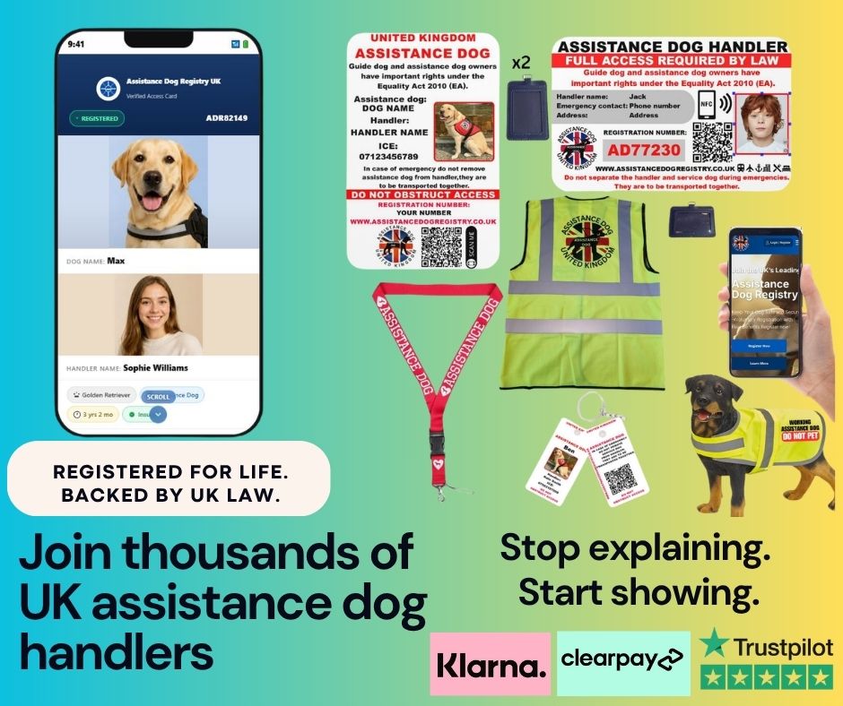 Your Lifelong Partner Pack: card, lanyard, vest and lifetime registration. Klarna and Clearpay accepted. Trusted by thousands of UK assistance dog handlers.