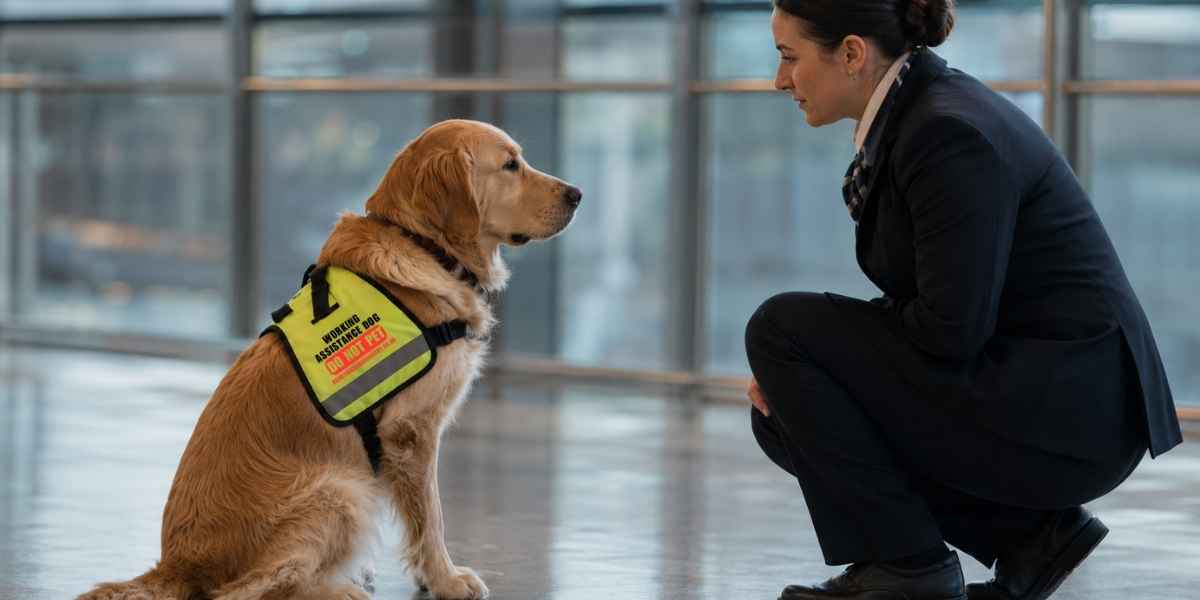 A uniformed staff member calmly assesses a working assistance dog by behaviour rather than paperwork &mdash; the alternative airlines could adopt