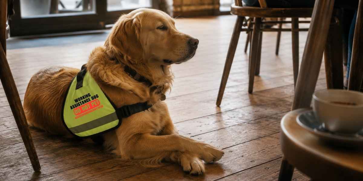 An owner-trained assistance dog settled peacefully on the wooden floor of a British caf&eacute;, welcomed under the Equality Act 2010