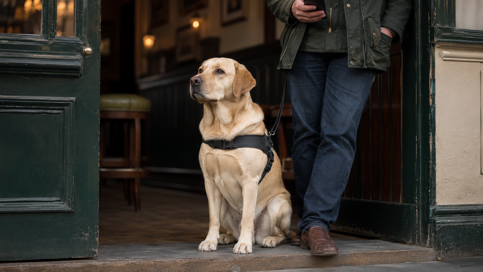 A calm Labrador assistance dog in a harness sits beside its owner at a UK pub doorway