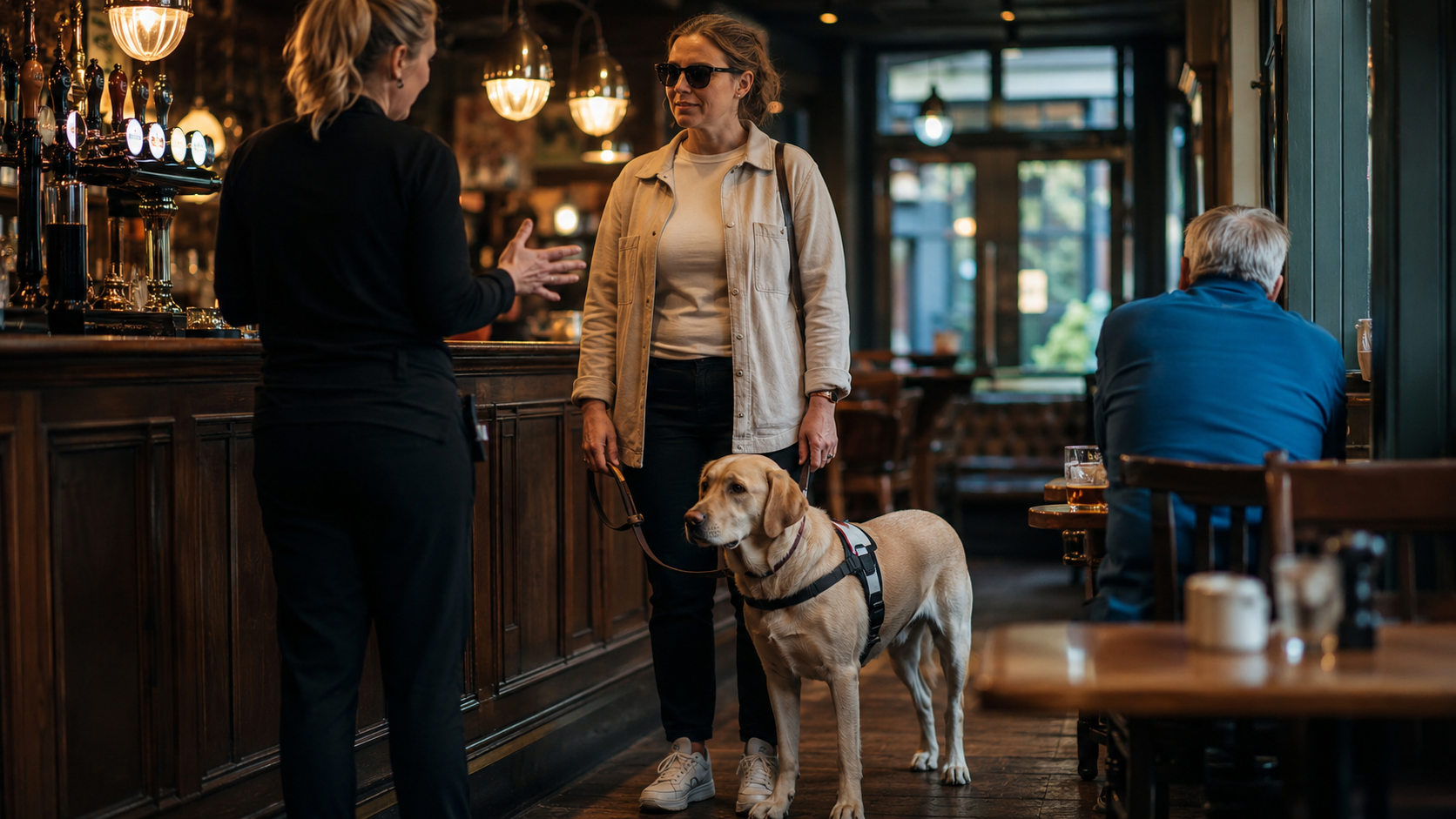 An assistance dog handler talks calmly with bar staff inside a traditional British pub, her Labrador at heel