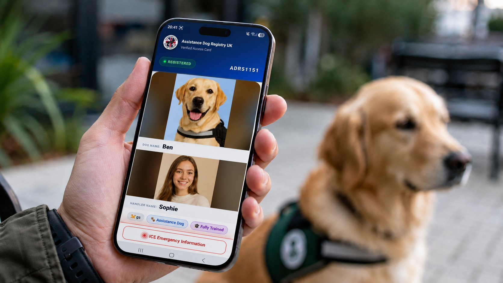 A hand holds a smartphone showing an ADR Live ID assistance dog profile, with a golden retriever blurred behind