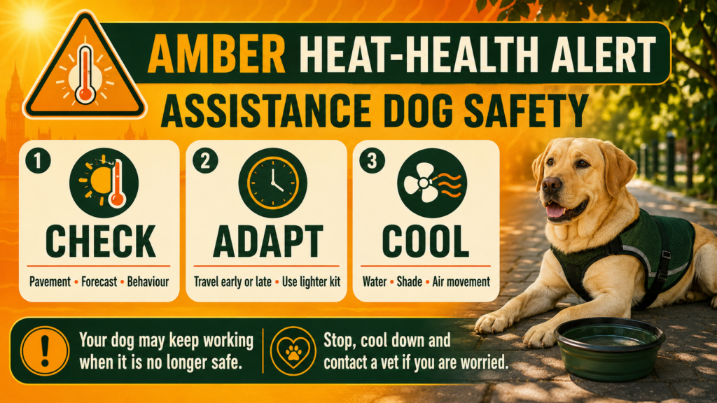 Amber heat-health alert assistance dog safety infographic with three steps: check the pavement, forecast and your dog's behaviour; adapt by travelling early or late with lighter kit; cool with water, shade and air movement