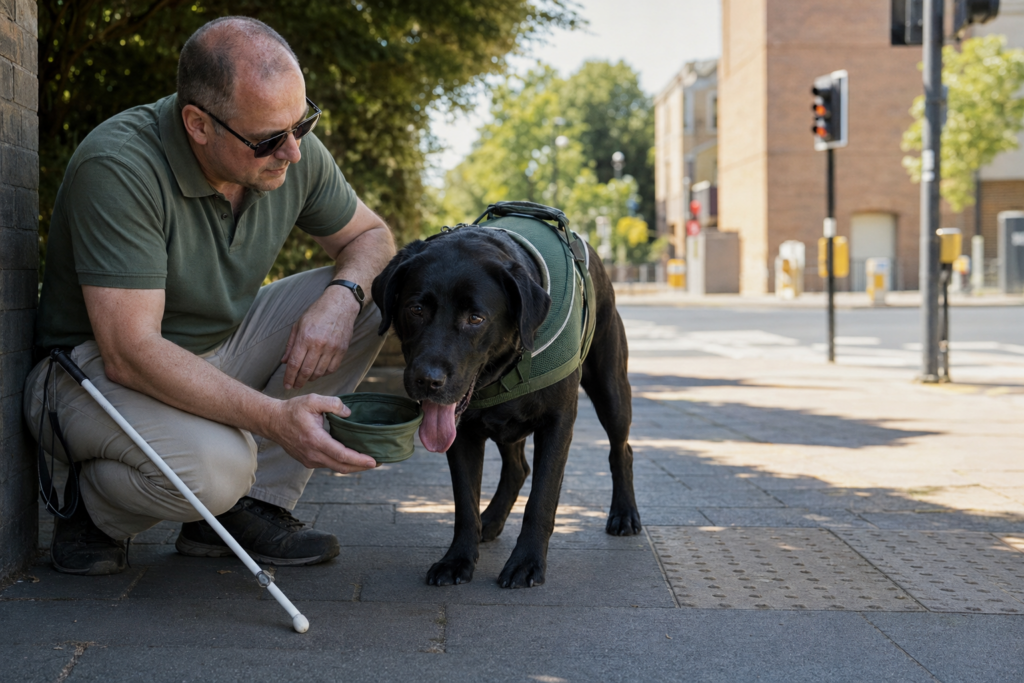 Guide dog handler with a white cane kneeling in the shade to offer his black Labrador water from a collapsible travel bowl on a hot summer pavement