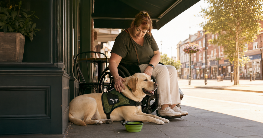 Wheelchair user and her Labrador assistance dog resting in the shade outside a cafe during the UK July 2026 heatwave