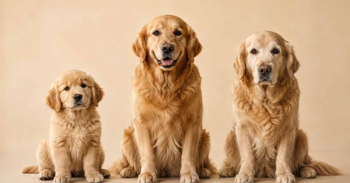 A Golden Retriever shown as a puppy, an adult and a greying senior, illustrating how dogs age through life stages