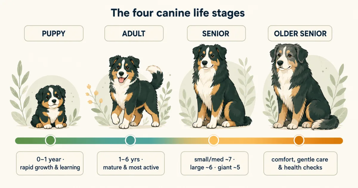 Infographic of the four dog life stages: puppy (0-1 year), adult (1-6 years), senior (small and medium around 7, large around 6, giant around 5) and older senior, shown along a colour progress bar