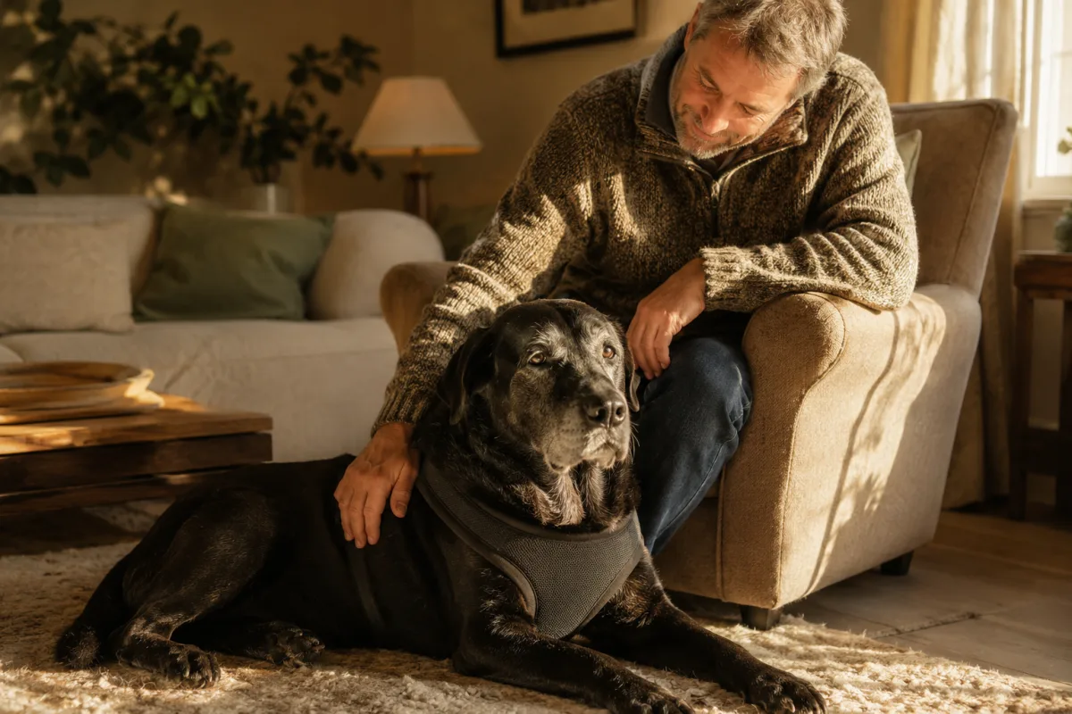 A greying senior black Labrador in a harness resting beside its owner in a cosy living room