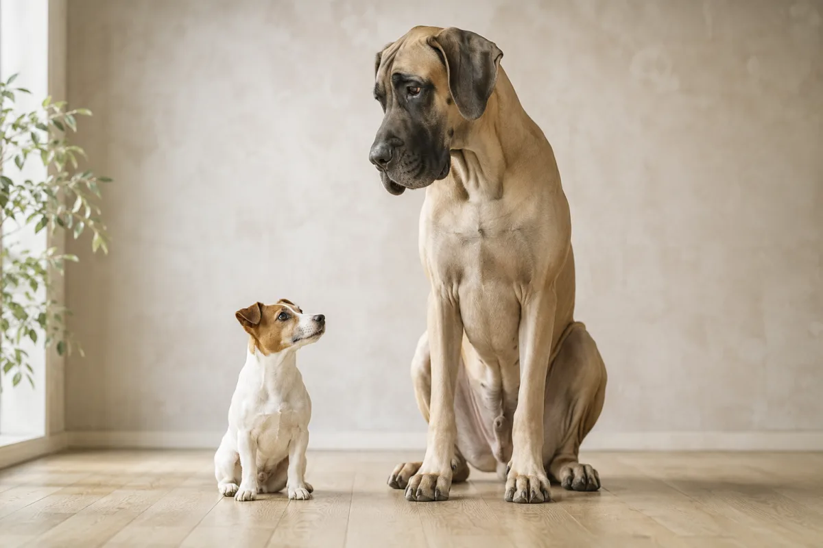 A small Jack Russell Terrier sitting beside a giant Great Dane, showing how dog size affects ageing