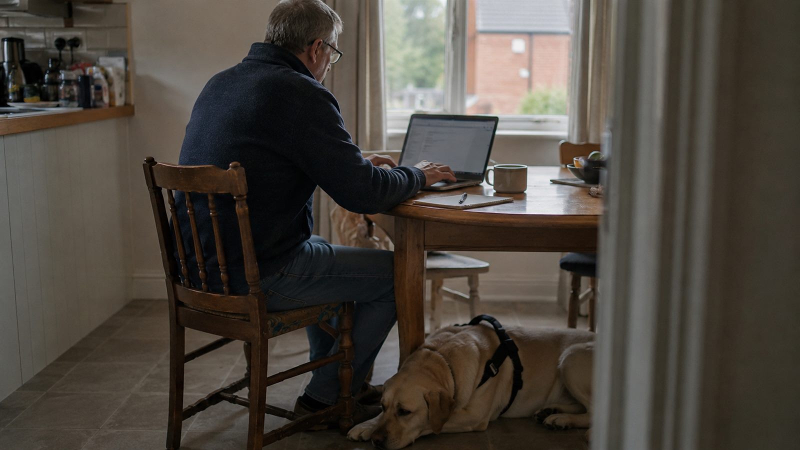 Man reading the Equality Act on a laptop at home with his assistance dog beside him