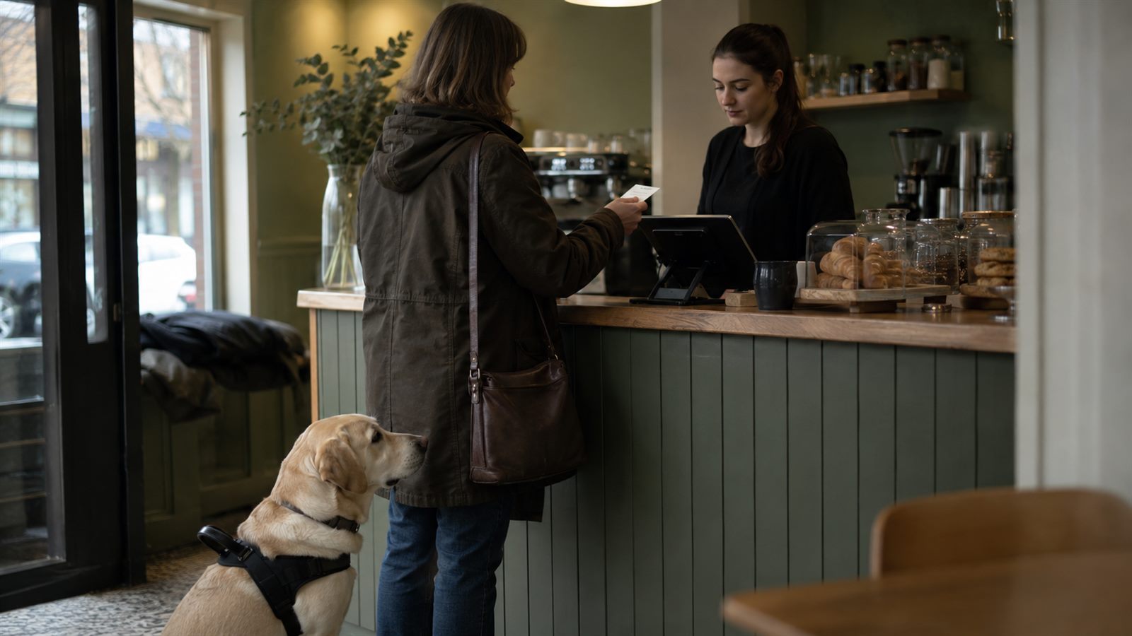 Handler showing an identity card to cafe staff with an assistance dog in a plain black harness