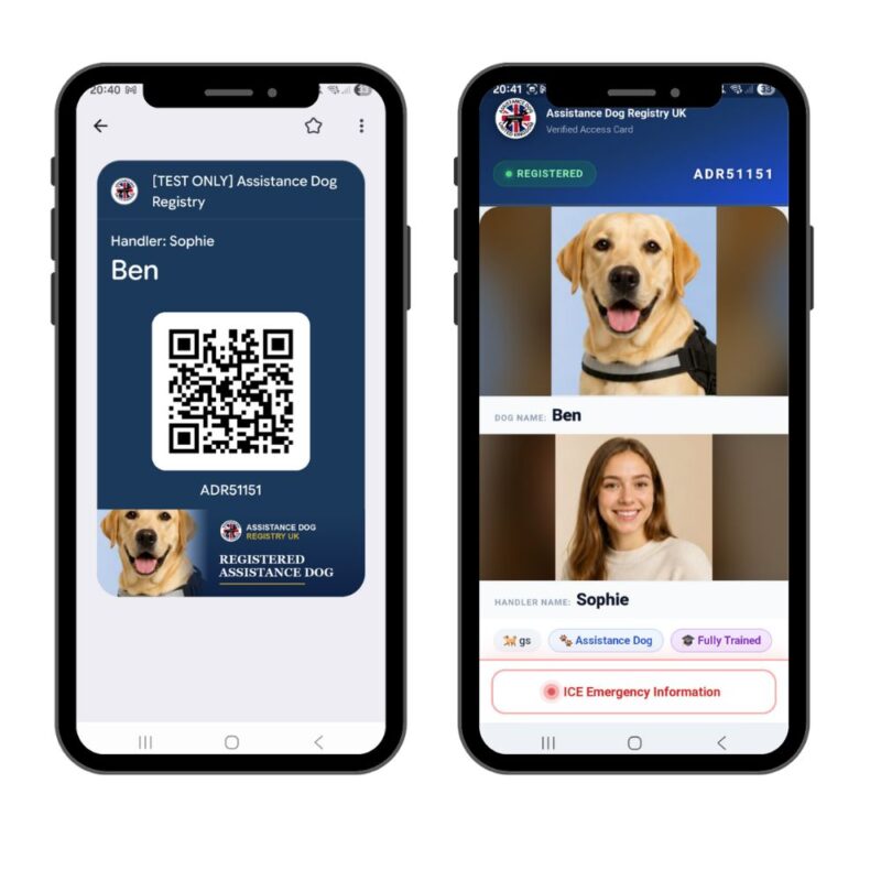 An assistance dog ID card in Google Wallet showing a QR code, next to the live ADR profile showing the dog photo, handler photo and REGISTERED status