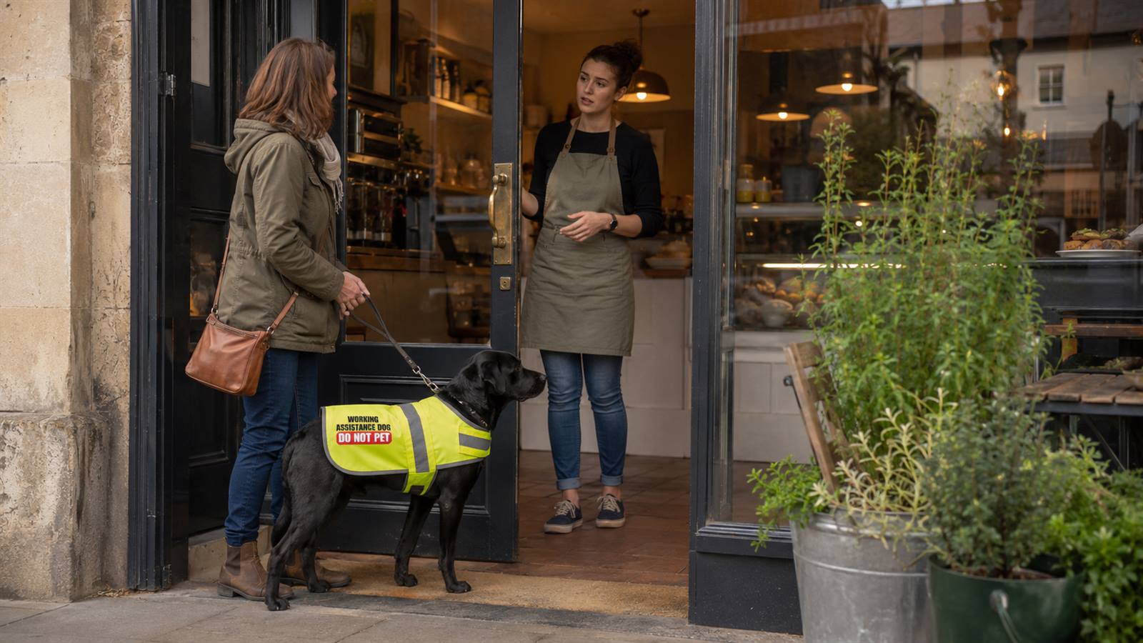 Handler with her black Labrador assistance dog in a hi-vis vest speaking with an uncertain member of staff at a cafe doorway