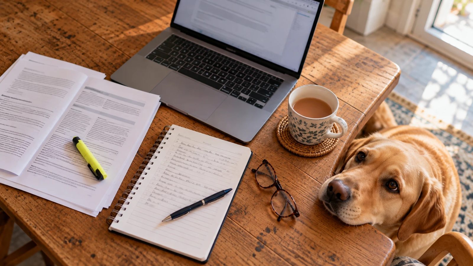 Insurance policy paperwork, a notepad and a laptop on a kitchen table, with a Labrador assistance dog resting its chin on the edge