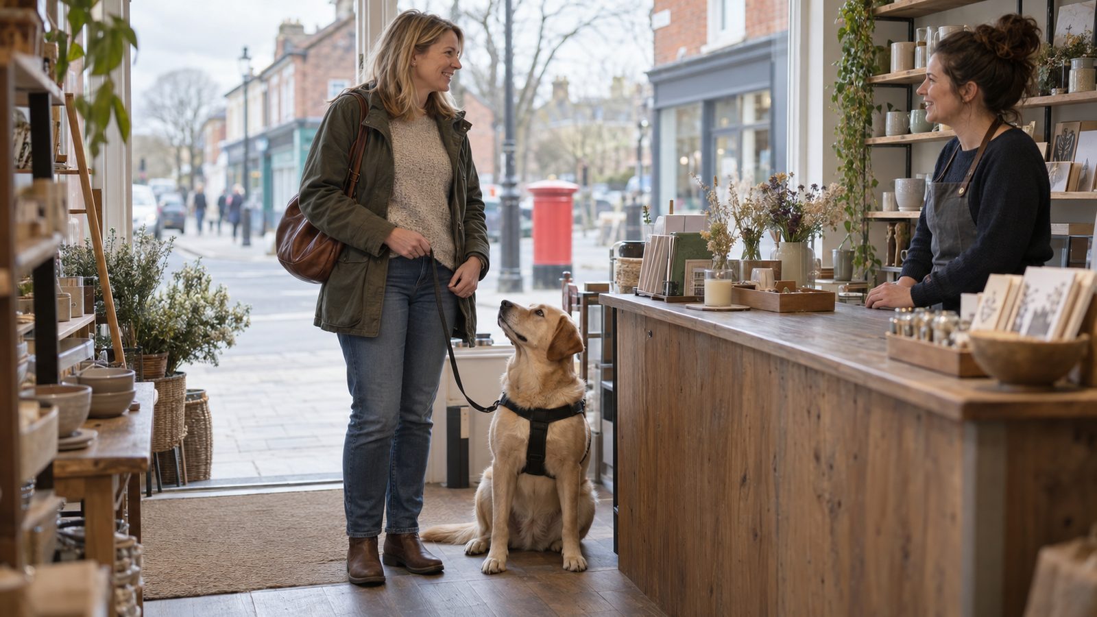Handler talking to a shop assistant while her assistance dog in a plain black harness sits calmly beside her