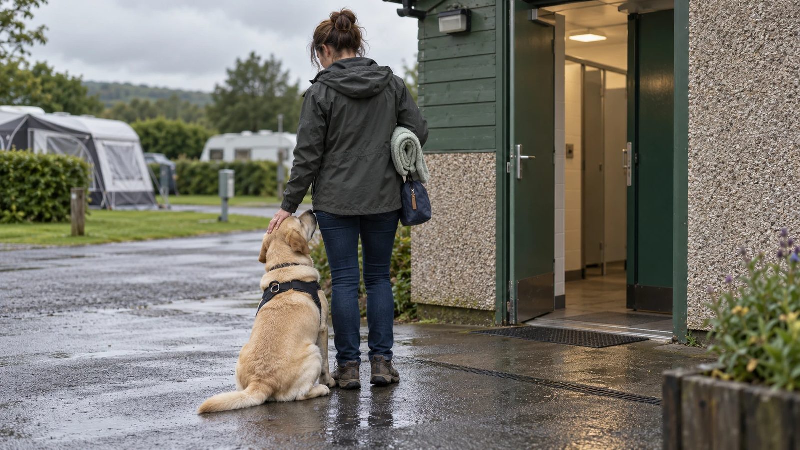 Handler with a yellow Labrador assistance dog pausing outside a campsite shower block on a wet morning