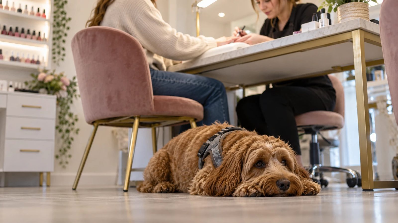 Cockapoo assistance dog lying settled and out of the way under a manicure table in a nail salon