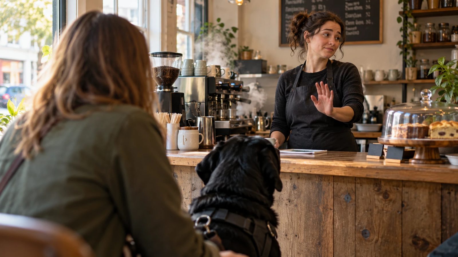 Cafe worker raising a hand towards a customer with a black Labrador assistance dog at the counter