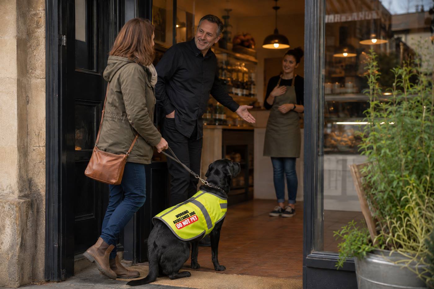 Cafe manager smiling and welcoming a handler and her black Labrador assistance dog inside after being asked to check
