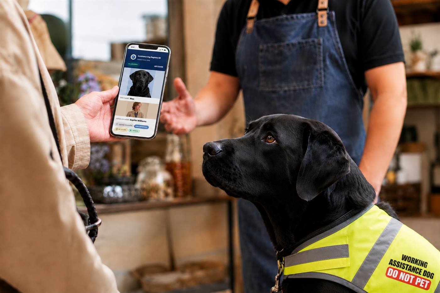 Handler showing a shop worker a live assistance dog registry profile on a smartphone while the black Labrador in a hi-vis vest looks up calmly