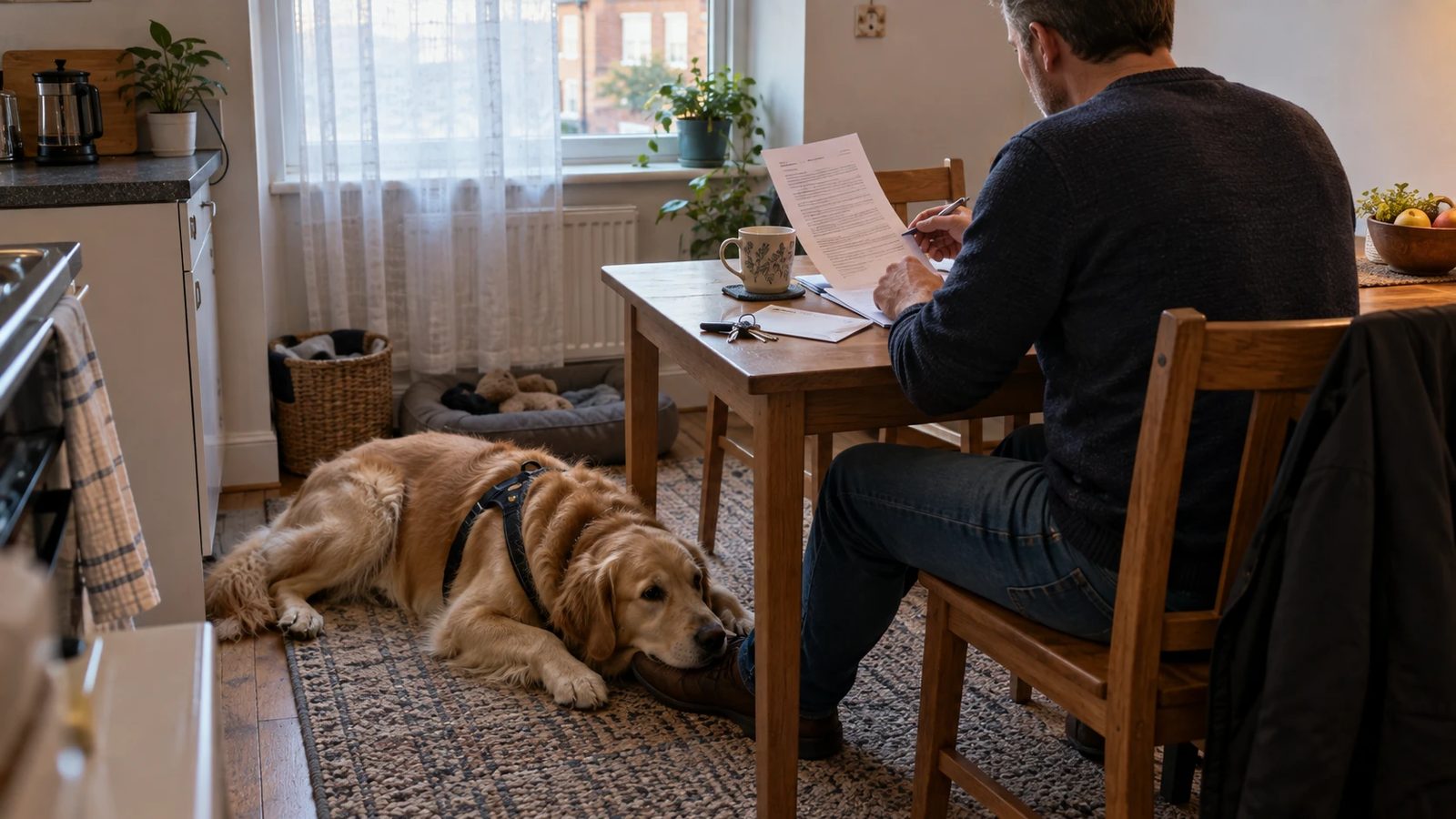 Tenant reading a tenancy agreement at a kitchen table with a golden retriever assistance dog lying at his feet