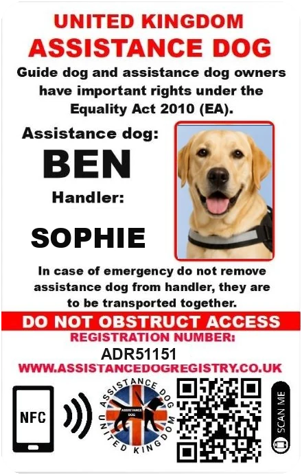 Dog ID card example for Ben, handler Sophie, registration ADR51151
