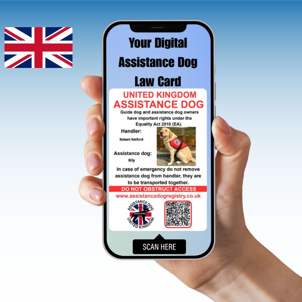 The free digital assistance dog law card shown on a phone, with handler and dog name and photo