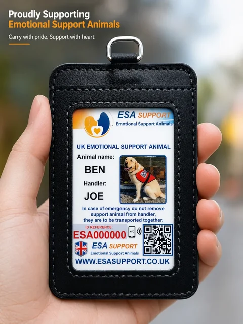 ESA Support UK emotional support animal ID card in a holder