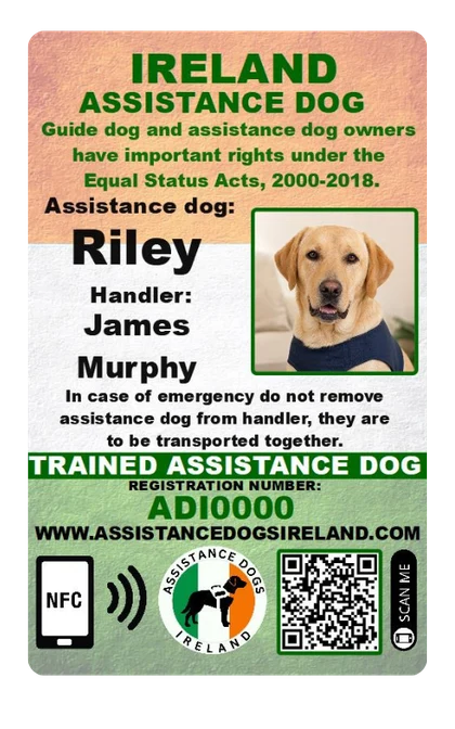 Assistance Dogs Ireland ID card example for a dog called Riley