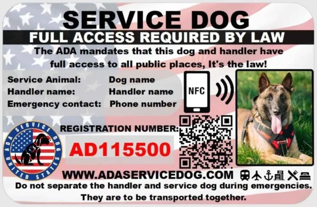 ADA Service Dog ID card example