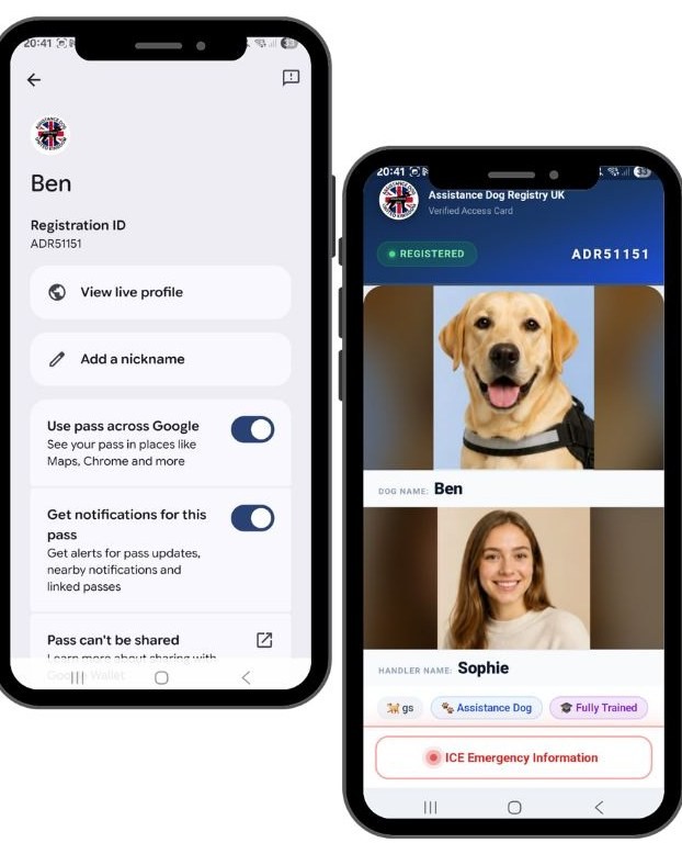 A Google Wallet pass for an assistance dog beside the live profile screen