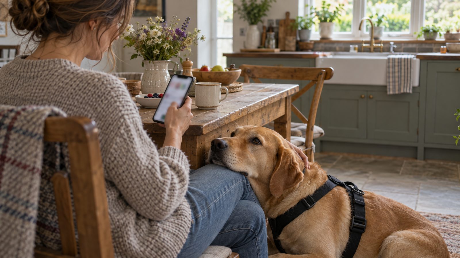 Person using a phone at home with their assistance dog resting beside them
