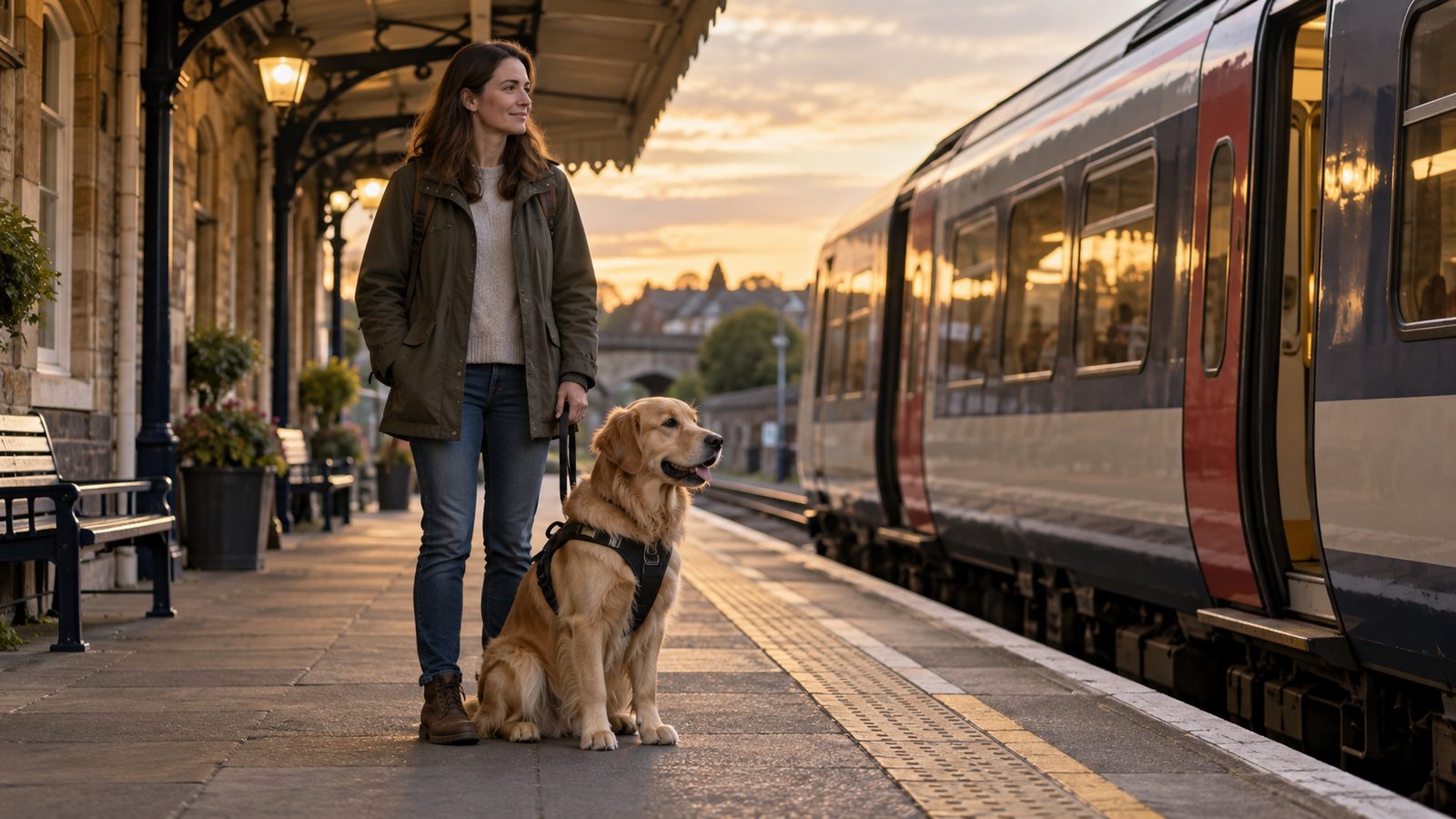Handler and assistance dog waiting calmly on a station platform