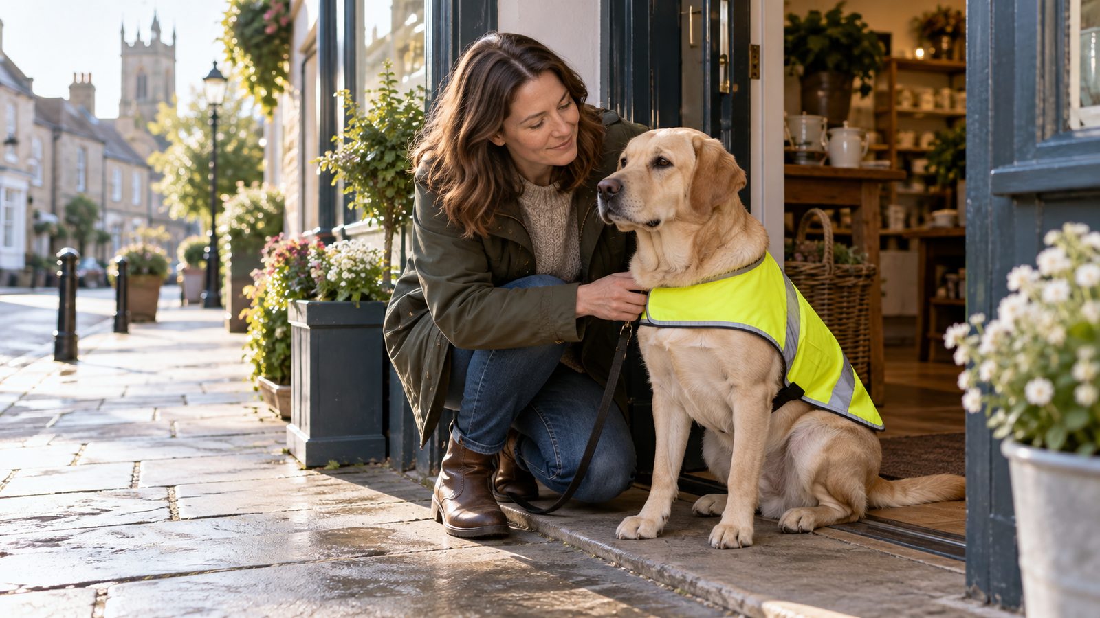 Handler beside a labrador wearing a hi-vis vest at a shop doorway